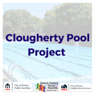 Image of BCYF Clougherty Pool with Clougherty Pool Project text overlayed