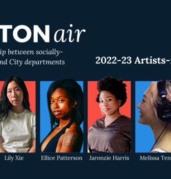 Images: Graphic highlighting new cohort of Artists-in-Residence with six artist's headshots and alternating blue and red backgrounds. Text: Boston AIR, A civic partnership between socially-engaged artists and City departments, 2022 Artists-in-Residence, Ashton Lites, Lily Xie, Ellice Patterson, Jaronzie Harris, Melissa Teng, Heloiza Barbosa