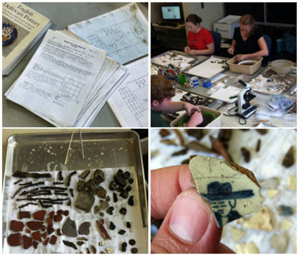 Four photos showing various lab activities like artifact washing and sorting