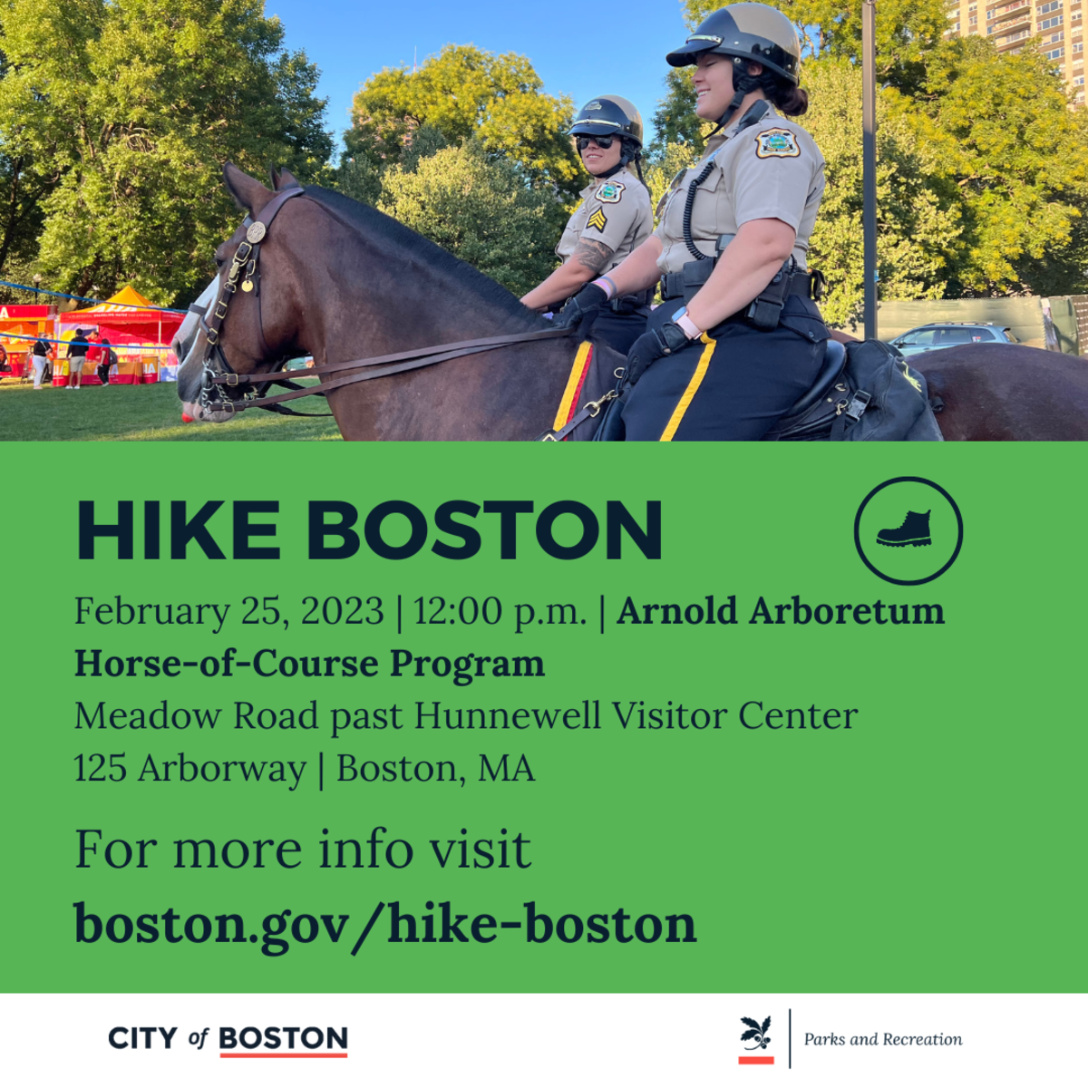 Promo image with info on program - 2 park rangers on horseback in a park