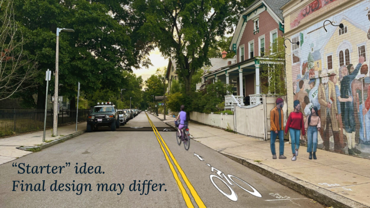 An artists rendering of a contraflow bike lane on Eliot Street. Text in the bottom corner reads "'Starter' idea. Final design may differ".