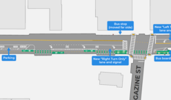 An illustrated plan shows a two-way bike lane, parking spaces, turn lanes, and bus stops on Massachusetts Avenue.