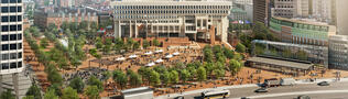 Image for an aerial rendering of the city hall plaza renovation